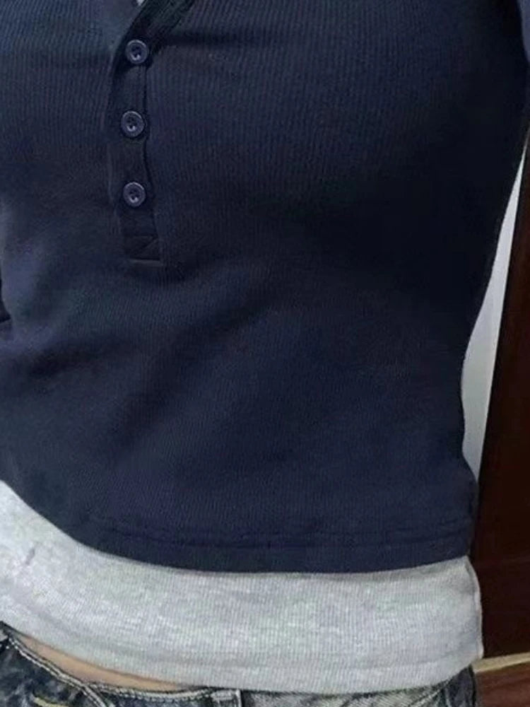 Y2k Aesthetic Casual Fake Two Piece T-shirt Womens Harajuku Patchwork Vintage Top Streetwear Grunge Single Breasted Shirts Femme