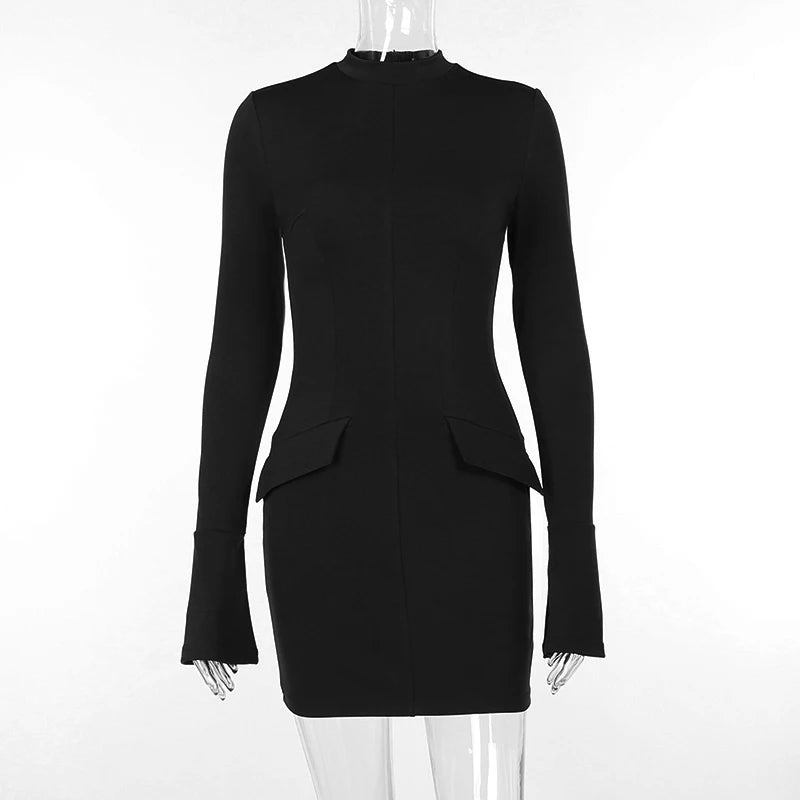 Dark Blue Two Pocket Sexy Mini Dress For Women 2023 Autumn Winter New Long Sleeve Bodycon Club Party Dress Elegant