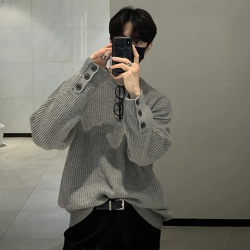 Round Neck Solid Color Men's Sweater Button Cuffs Korean Style Pullover Winter 2024 Fashionable Men's Clothing 9C8793