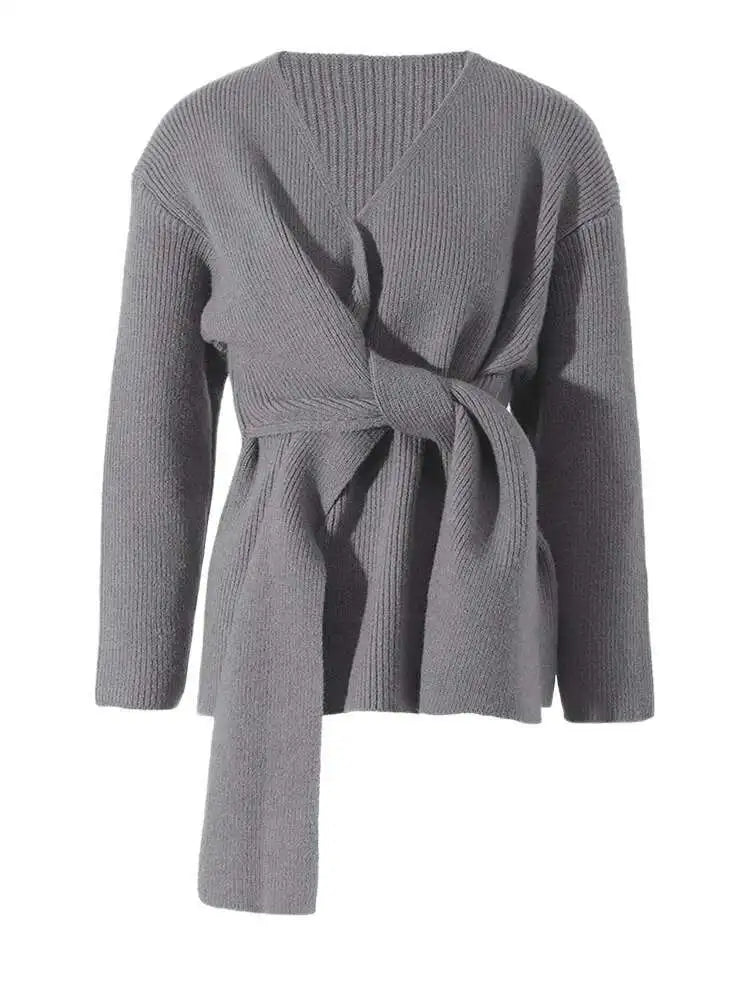 Gray Irregular Bandage Elegant Sweater Round Neck Long Sleeve Women Pullovers New Fashion Tide Autumn Winter 2025 2R4635