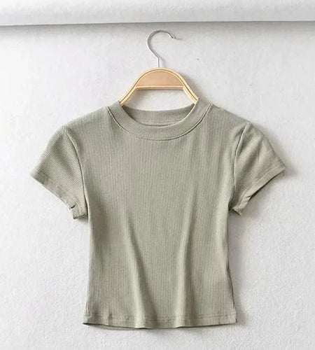 Summer Sexy Women O-neck Short-sleeve T-shirt Slim Elastic Skinny Crop Tops