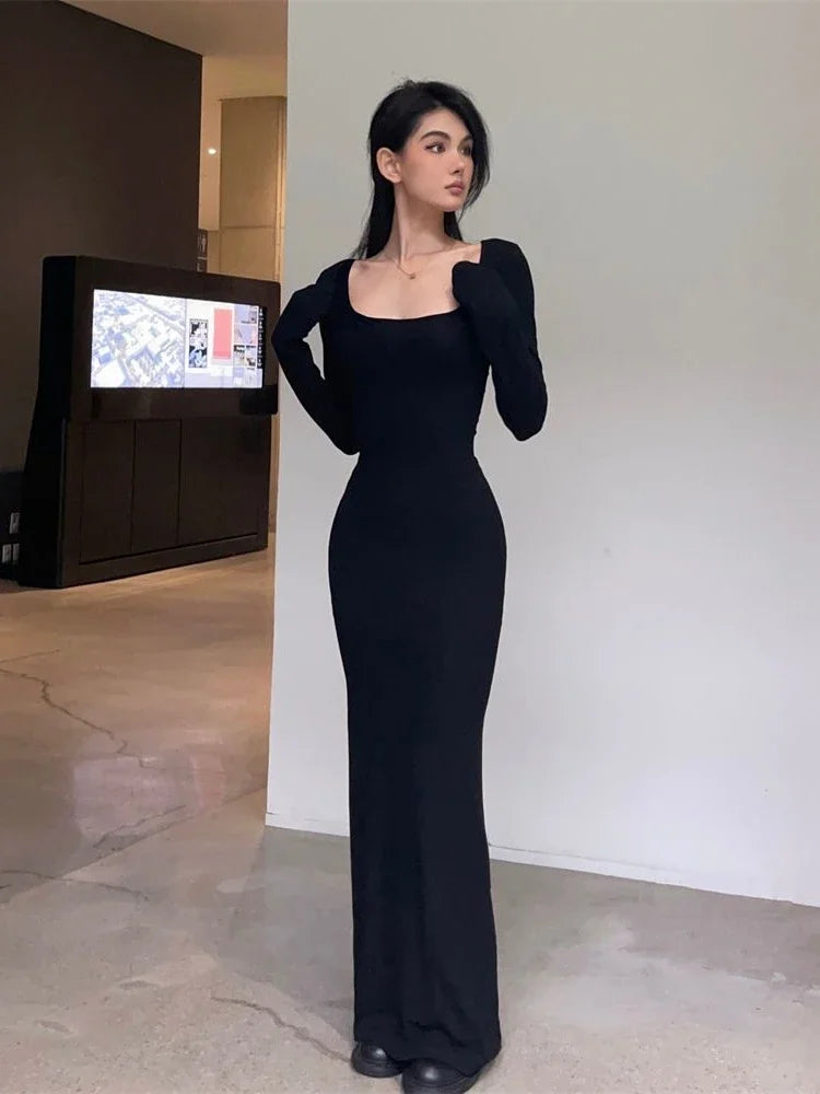 Y2K Sexy Black Dress Women Vintage Wrap Slim Bodycon Long Dresses Party Evening Square Collar Fashion Spring Outfits