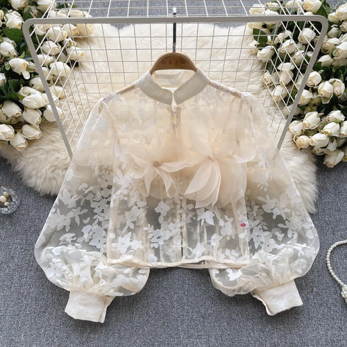 Load image into Gallery viewer, Autumn Women French Retro Mesh 3d Flower Design Blouse Long Sleeve 2023 Elegant Holiday Print Single Breasted Shirt Romantic Y2k
