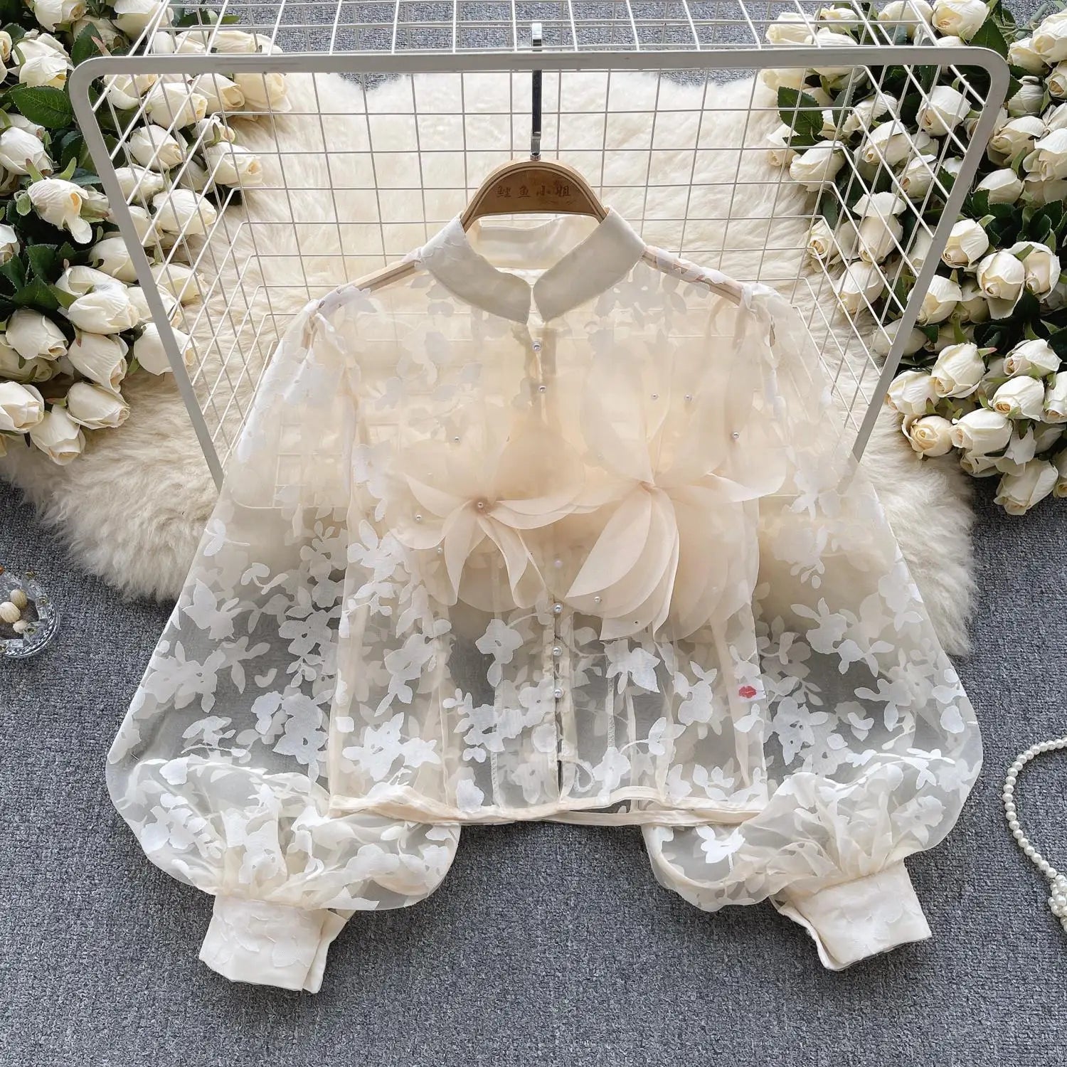 Autumn Women French Retro Mesh 3d Flower Design Blouse Long Sleeve 2023 Elegant Holiday Print Single Breasted Shirt Romantic Y2k