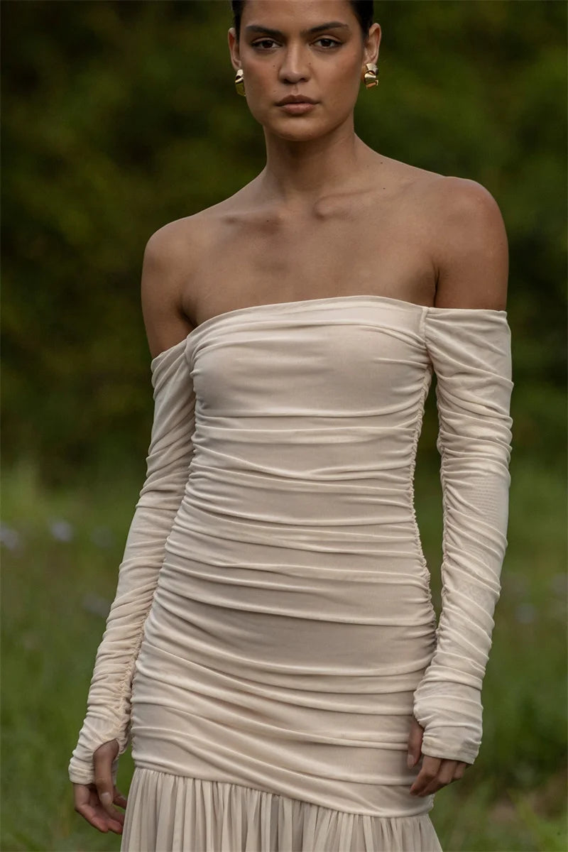 Off-shoulder Strapless Sexy Maxi Dress Women Summer New Patchwork Backless Long Sleeve Pleated Long Dress Elegant