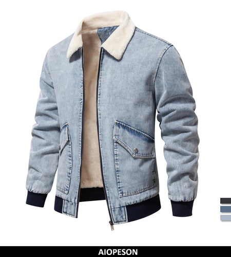 Autumn Winter Fur Collar Jacket for Men Warm Thicken Fleece Men's Jeans Jacket and Coat Casual Fashion Denim Jacket Men