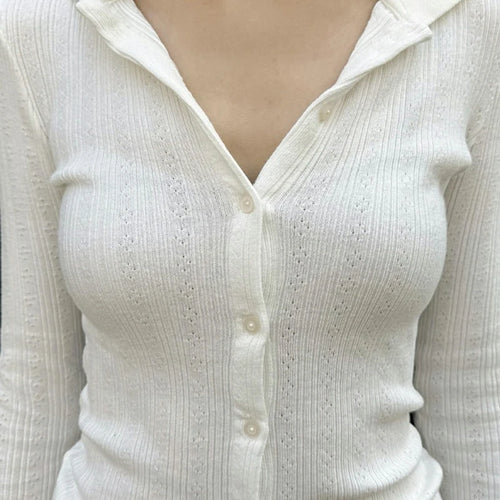 Load image into Gallery viewer, Casual Elegant Jacquard Single Breasted White Shirt Y2K Skinny Spring Autumn Knitwear Gentle Mature All Match Blouses
