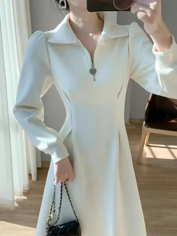 Autumn Winter French Ladies Black Elegant Long Dress White Velvet Thick Warm Long Sleeve Simple Evening Party Zipper Dress