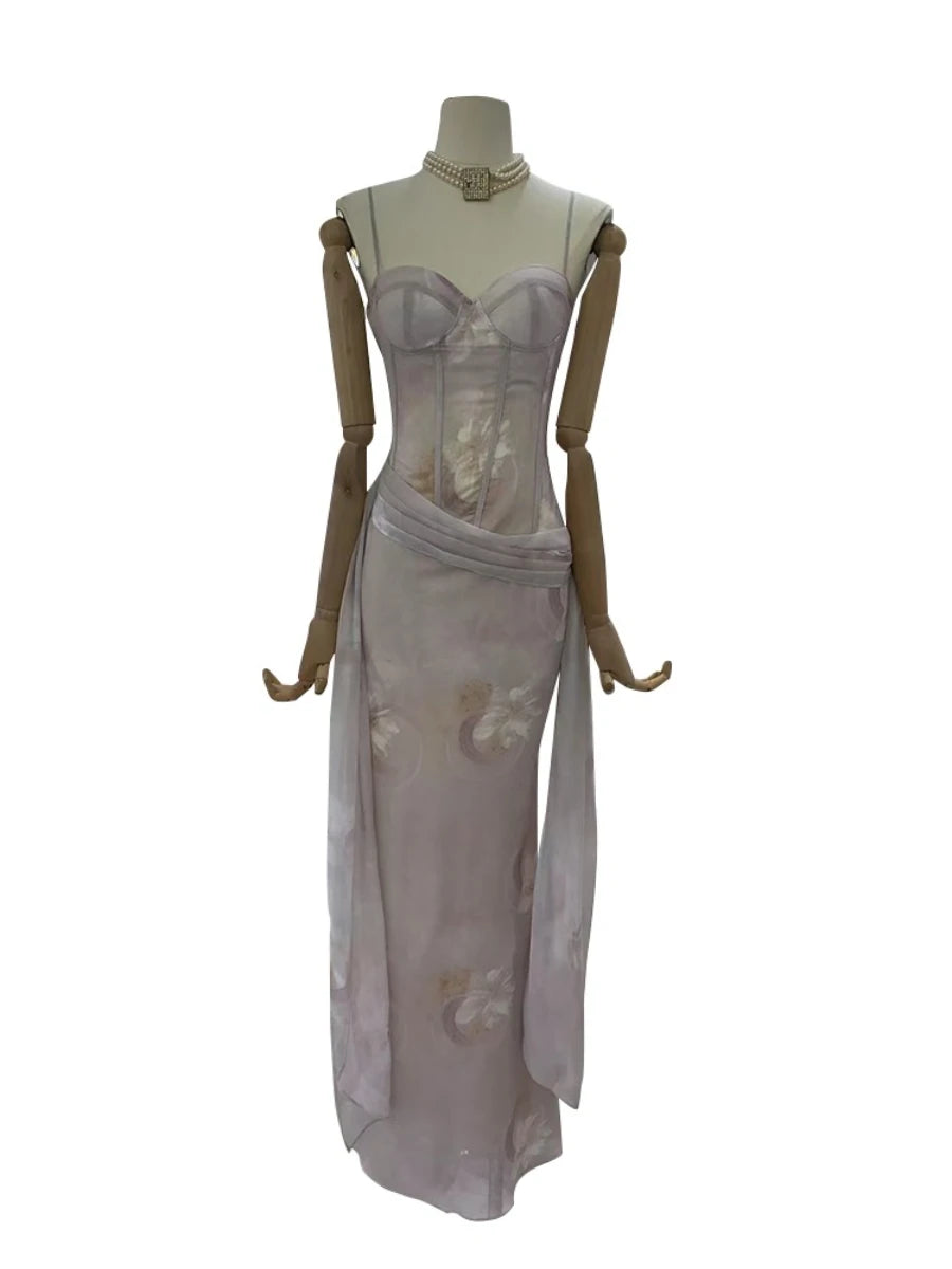 Slimming Printing Spliced Lace Up Elegant Dresses for Women Square Neck Sleeveless Tunic Dress Female Clothing New