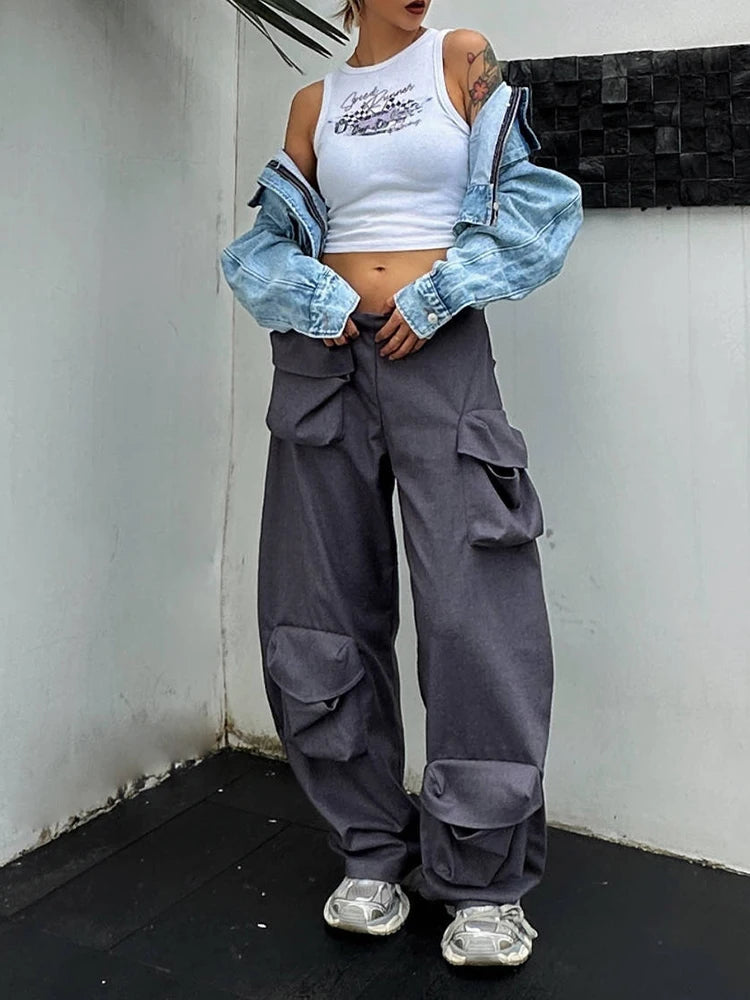 Solid Patchwork Pockets Casual Pants For Women High Waist Miniamlist Loose Cargo Pant Female Fashion Clothes