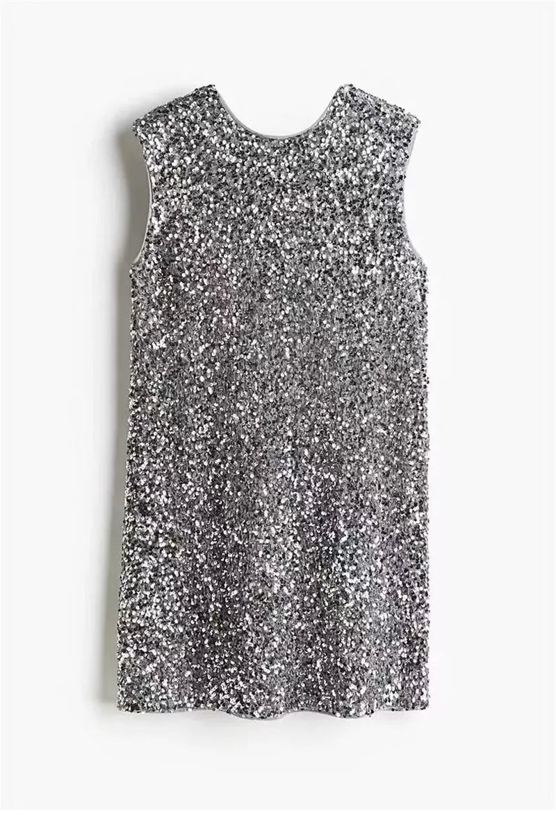 Sequins Backless Bow Sexy Mini Dress For Women Robe 2025 New Sleeveless A-line Sparkle Club Dress Elegant Vestido