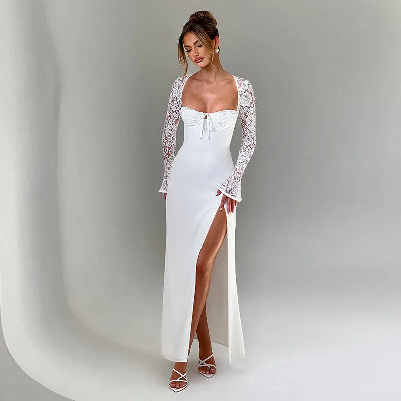 Lace Long Sleeve Sexy Maxi Dress Women Autumn New Square Collar Backless Lace-up High Split Sexy Club Party Long Dress