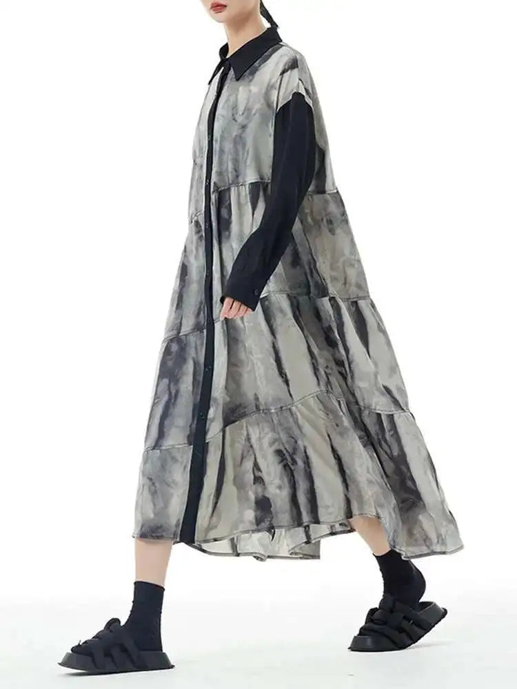 Women Black Pattern Printed Big Size Midi Shirt Dress New Lapel Long Sleeve Fashion Tide Spring Autumn 2025 1DH4765