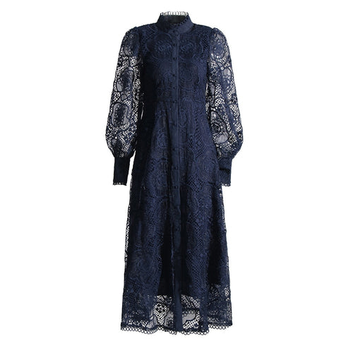 Load image into Gallery viewer, Embroidery Mesh Long Dress For Women Stand Collar Lantern Sleeve High Waist Hollow Out Slim Dresses Female Clothing
