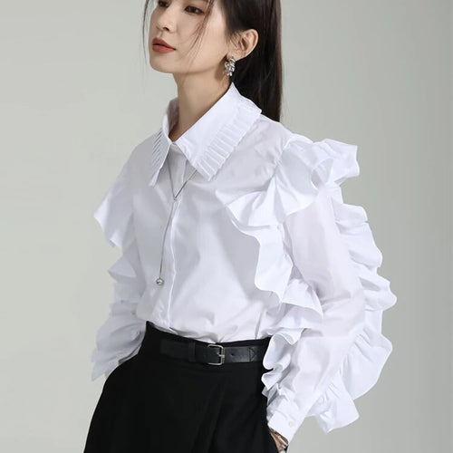 Load image into Gallery viewer, Patchwork Single Shirts For Women Lapel Long Sleeve Spliced Ruffles Solid Casual Blouse Female Fashion Clothing
