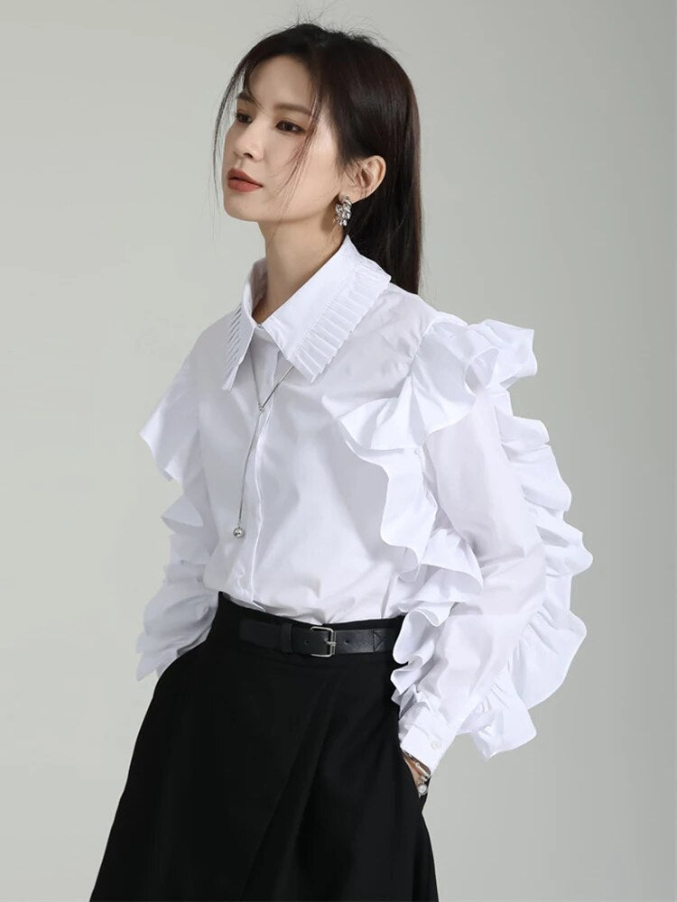 Patchwork Single Shirts For Women Lapel Long Sleeve Spliced Ruffles Solid Casual Blouse Female Fashion Clothing