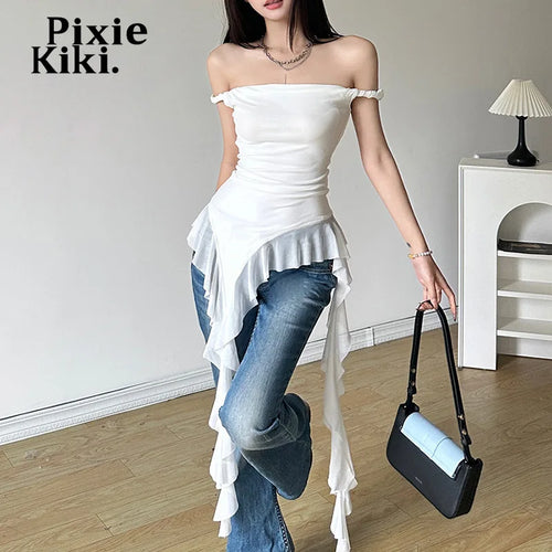 Load image into Gallery viewer, Mesh Ruffled Off Shoulder T Shirts Women Y2k 2000s Aesthetic Asymmetrical Tops White Black Summer Clothes P94-BH24
