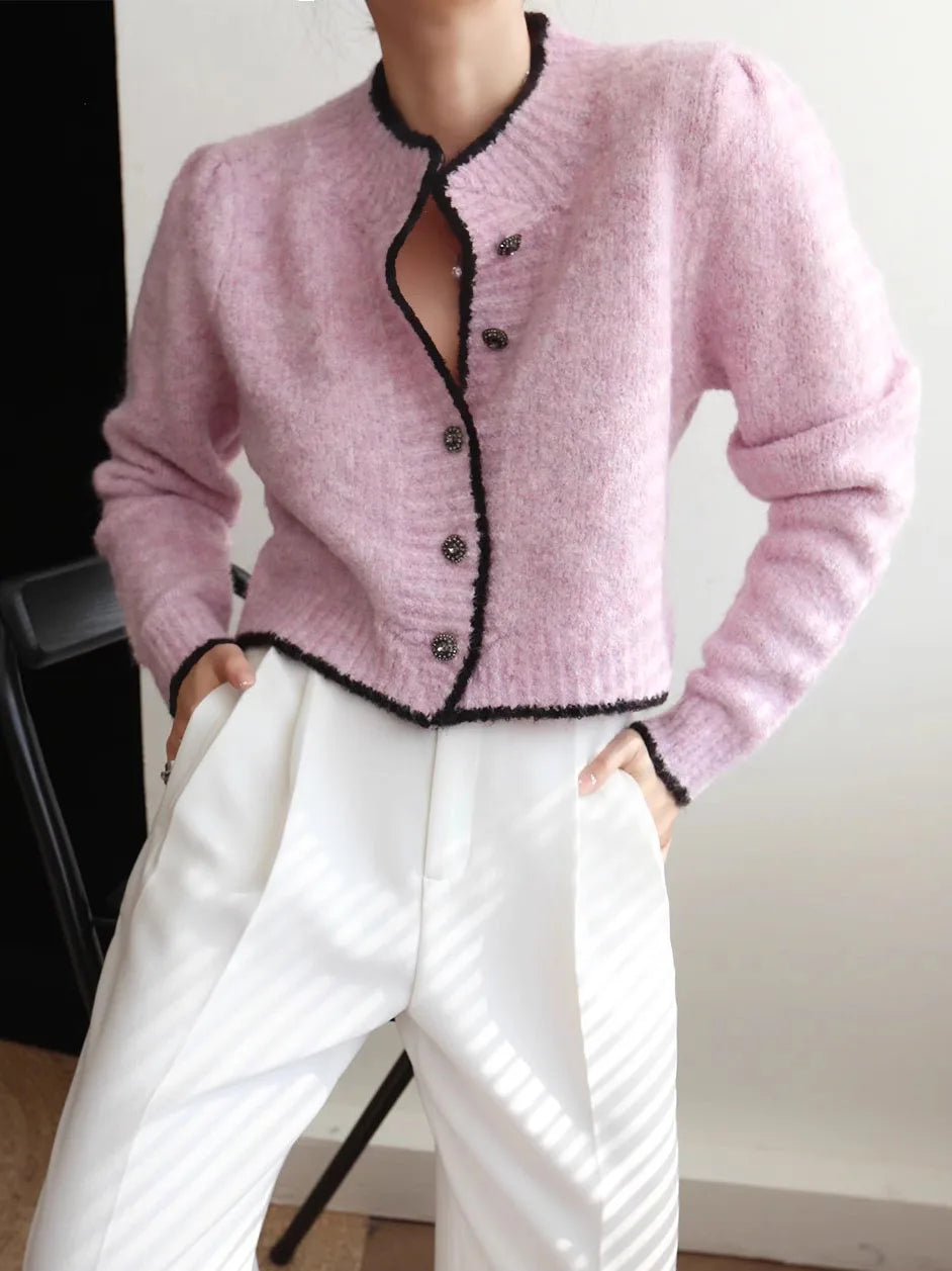 Women Sweater Fall Winter New Candy Solid Color Wool Round Neck Singlebreasted Long Sleeve Knit Cardigan Sweater  C-131
