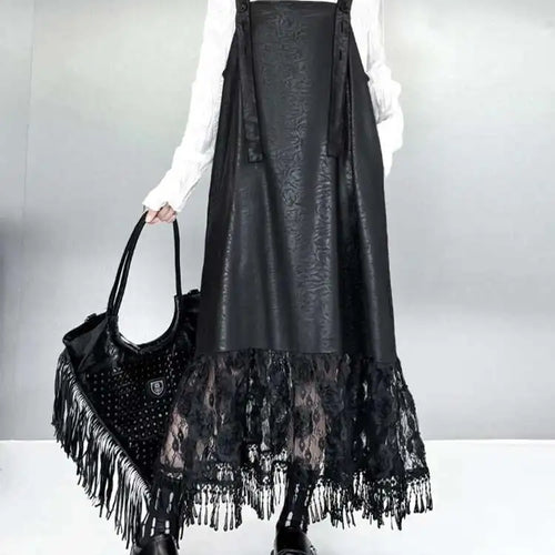 Load image into Gallery viewer, Women Black Pu Leather Hem Lace Big Size Strap Dress New Square Collar Sleeveless Fashion Tide Spring Autumn 2025 1DH7279
