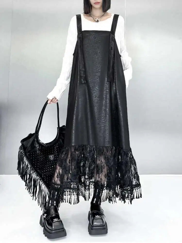 Women Black Pu Leather Hem Lace Big Size Strap Dress New Square Collar Sleeveless Fashion Tide Spring Autumn 2025 1DH7279
