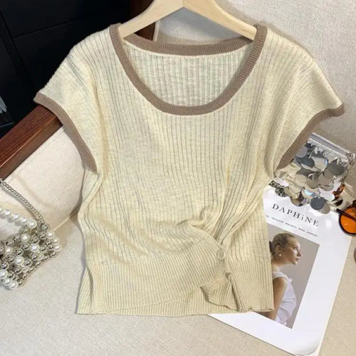 Load image into Gallery viewer, Women Summer Round Neck Patchwork Short Sleeves Knit T-shirt Fashion Festival Casual Ladies Street Button Design Top Popular New
