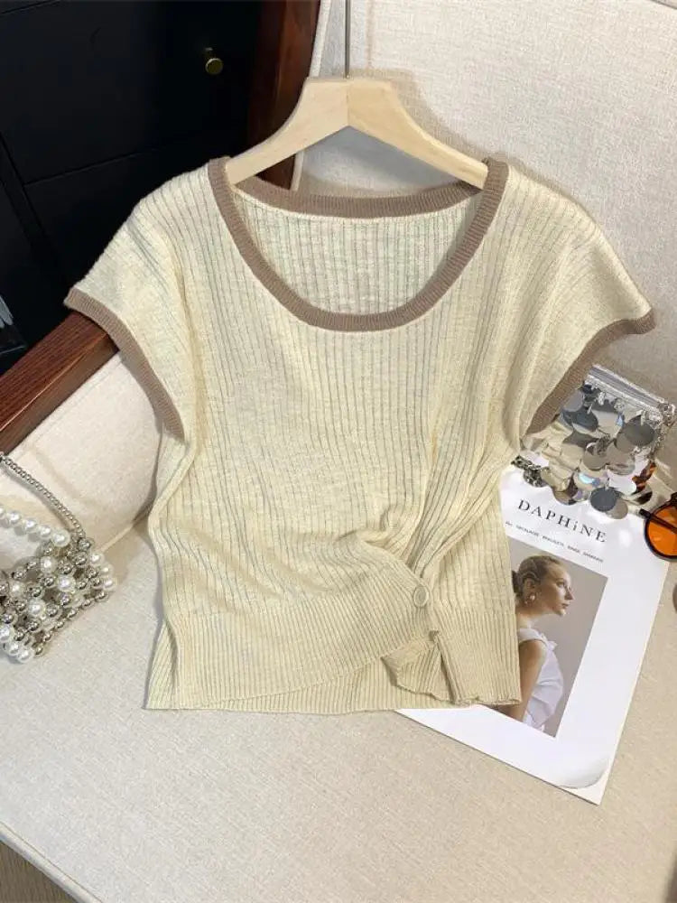 Women Summer Round Neck Patchwork Short Sleeves Knit T-shirt Fashion Festival Casual Ladies Street Button Design Top Popular New