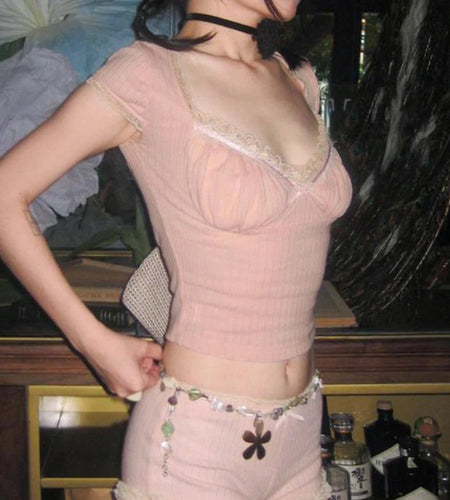 V Neck Sweet Pink Frill Bow Fold Summer T shirt Women Korean Style Slim Crop Top Tee Cute Y2K Coquette Clothes Shirts