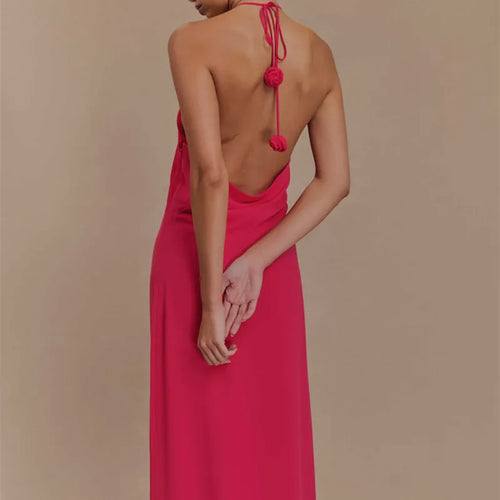 Load image into Gallery viewer, Rose Halter Off-shoulder Sexy Maxi Dress Women Rose Red Sleeveless Backless Lace-up High Waist Club Party Long Dress
