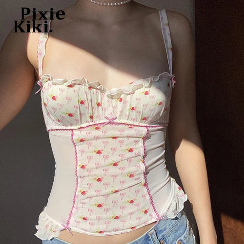 Load image into Gallery viewer, Cherry Printed See-through Mesh Tanks &amp; Camis Frilly Square Neck Backless Crop Tops for Women Y2k Summer P84-CH10
