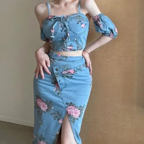 Load image into Gallery viewer, Korean Summer Denim Three-piece Women&#39;s New Slimpuff sleeve  + Small Sling + High Waist Half-length Bag Hip Skirt Suit
