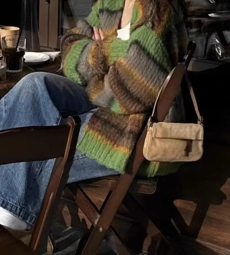 New Fashion Grunge Striped Women Knitwear 2025 Streetwear All Match Loose Y2k Aesthetic Sweaters Casual Vintage Cardigans Autumn