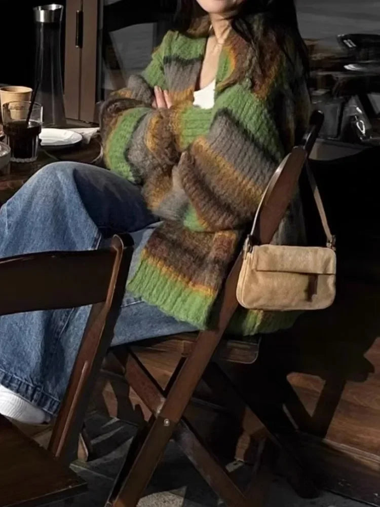 New Fashion Grunge Striped Women Knitwear 2025 Streetwear All Match Loose Y2k Aesthetic Sweaters Casual Vintage Cardigans Autumn
