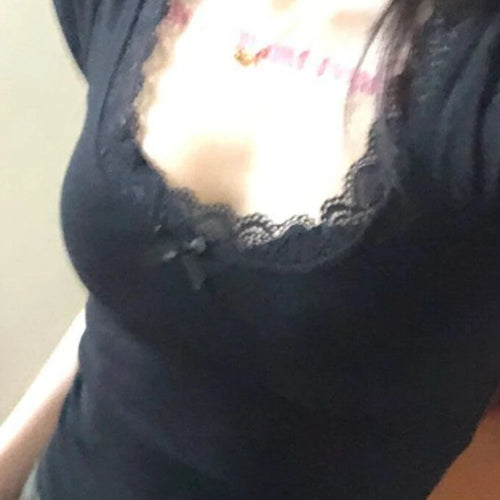 Load image into Gallery viewer, 2025 Y2k Aesthetic Lace Patchwork Crop Top Streetwear Harajuku Women Vintage U Neck T-shirt Streetwear Bow Bottoming Grunge Tees
