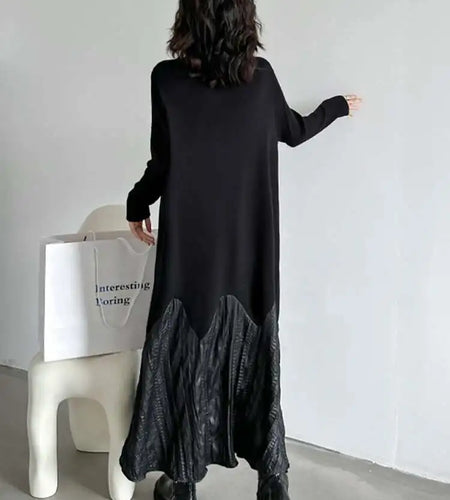 Women Black Knitting Pleated Big Size Long Dress New Turtleneck Long Sleeve Fashion Tide Spring Autumn 2025 1DH1599