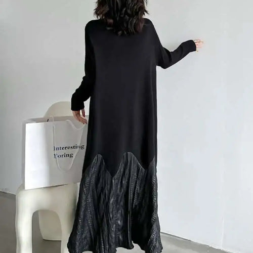 Load image into Gallery viewer, Women Black Knitting Pleated Big Size Long Dress New Turtleneck Long Sleeve Fashion Tide Spring Autumn 2025 1DH1599
