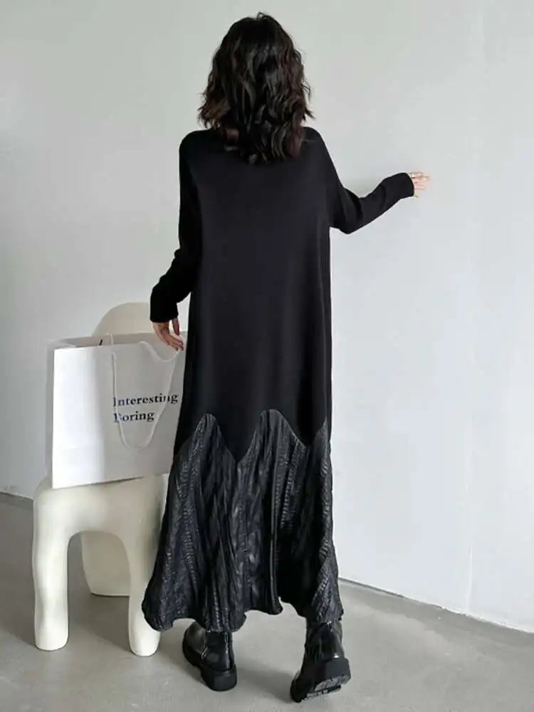 Women Black Knitting Pleated Big Size Long Dress New Turtleneck Long Sleeve Fashion Tide Spring Autumn 2025 1DH1599