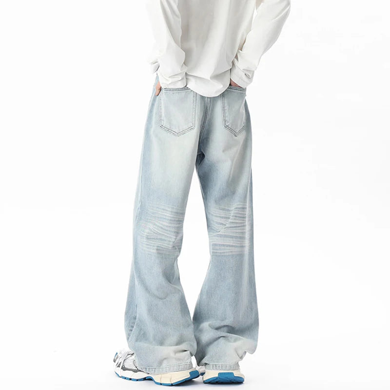 Male Jeans New American Style Flower Tied Cat Beard Design Gradient Color Trendy Men's Straight Leg Casual Bottoms 9W1805