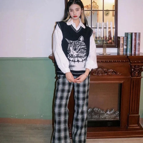 Load image into Gallery viewer, Y2k Vest Women Vintage Harajuku Cartoon Cat Print V-neck Sleeveless Sweater Students Korean-style Loose Casual Fashion Chic Tp[s
