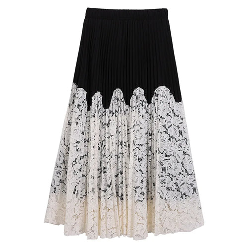 Load image into Gallery viewer, Autumn Winter French Vintage Black White Patchwork Lace Long Skirt Women&#39;s 2024 Sweet Pink Elegant High Waist Pleated Skirt Chic
