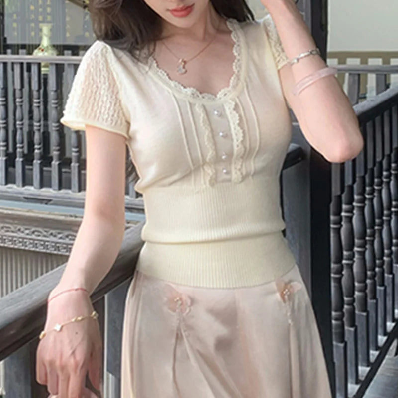 y2k Crop Tops Women Coquette Clothes Slim Fit Round Neck Short Sleeve T Shirt Fairycore Aesthetic Clothing Streetwear