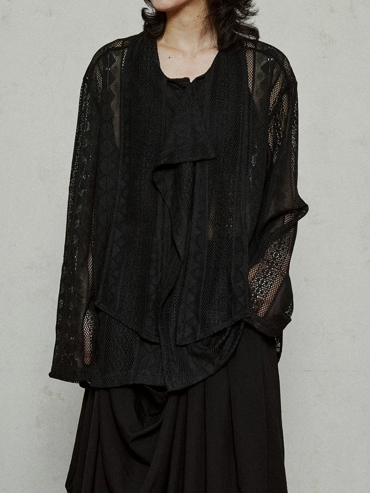 Women Black Lace Hollow Out Big Size Blouse New Bow Collar Long Sleeve Shirt Fashion Tide Spring Autumn 2025  1DJ1179