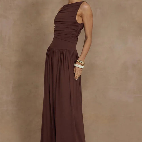 Load image into Gallery viewer, Elegant Sleeveless Maxi Dress For Women Fashion Solid Boat Neck Tank Dresses Ladies Sexy Ruched Long Dress New Gown
