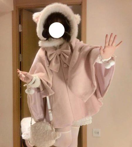 Japanese Lolita Sweet Bears Ears Hooded Cloak Jackets Women Y2k Aesthetic Single Breasted Coats Harajuku Kawaii Solid Bow Jacket