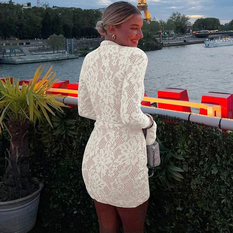 Lace Hollow Out Long Sleeve Sexy Mini Dress For Women Fashion Half High Collar Bodycon Club Party Dress Elegant Dresses