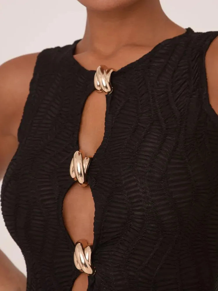 Hollow Out Sleeveless Sexy Mini Dress Women Robe Fashion Summer New Metal Ring Skinny Tank Dress Female Club Dresses