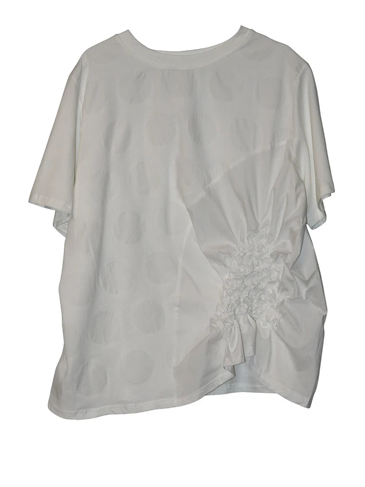 Women Black Dot Jacquard Pleated Big Size T-shirt New Round Neck Short Sleeve Fashion Tide Spring Summer 2025 1DJ1343