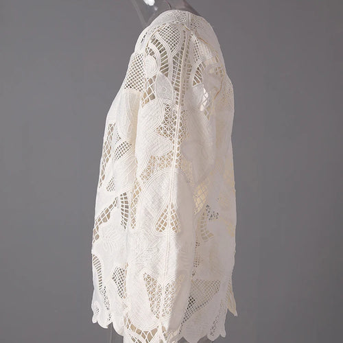 Load image into Gallery viewer, Women Beige Lace Hollow Out Big Size Elegant Blouse New V-neck Long Sleeve Shirt Fashion Tide Spring Autumn 2025 27X2858
