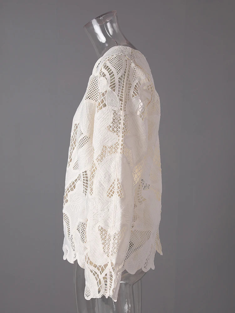 Women Beige Lace Hollow Out Big Size Elegant Blouse New V-neck Long Sleeve Shirt Fashion Tide Spring Autumn 2025 27X2858