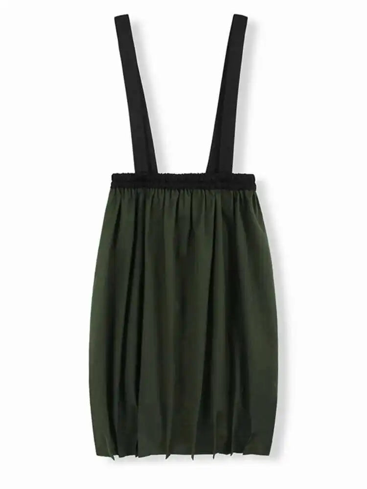 High Elastic Waist Black Green Color-block Pleated Strap Half-body Skirt Women Fashion Tide New Spring Autumn 2025 1DH9289
