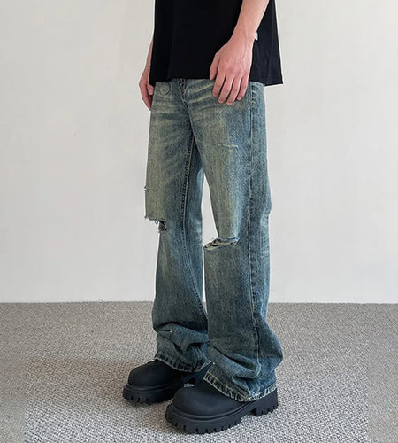 Summer Male Hole Jeans New American High Street Denim Pants Trendy Straight Micro Flared Trousers Make Old Design 9W1424